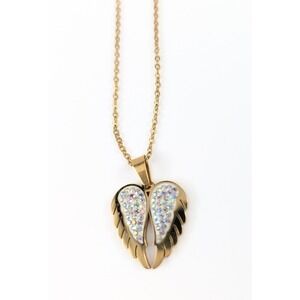 20 inch‎ Gold Plated Chain Necklace w/ Crystal Angel Wings Heart Shaped Pendant